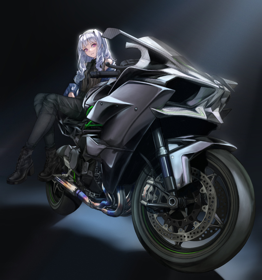 1girl absurdres bare_shoulders black_background black_pants black_ribbon black_shirt boots commentary_request ground_vehicle hairband high_heel_boots high_heels highres idolmaster idolmaster_(classic) inumantle long_hair looking_at_viewer motor_vehicle motorcycle neck_ribbon off_shoulder on_motorcycle pants ribbon shijou_takane shirt silver_hair sleeveless sleeveless_shirt solo violet_eyes white_hairband