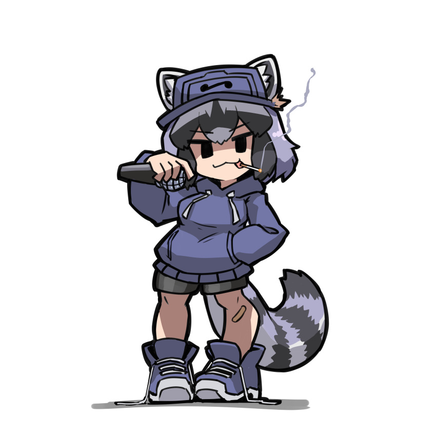 1girl :3 absurdres alternate_costume animal_ears arm_up bandaid bandaid_on_leg bare_legs baseball_cap black_eyes black_hair chibi cigarette common_raccoon_(kemono_friends) drawstring ears_through_headwear eyebrows_visible_through_hair friday_night_funkin' full_body grey_hair hat highres holding holding_microphone hood hood_down hoodie kemono_friends long_sleeves looking_at_viewer medium_hair microphone mouth_hold okome_kogashi parody pocket purple_hair raccoon_ears raccoon_girl raccoon_tail shoelaces shoes shorts simple_background smile smoke solo style_parody tail white_background