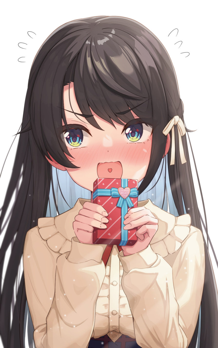 1girl blue_eyes blush box breasts brown_hair brown_shirt commentary_request eyebrows_visible_through_hair flying_sweatdrops frilled_shirt_collar frills gift gift_box hair_ribbon heart heart_in_mouth highres holding holding_box hololive long_hair long_sleeves oozora_subaru open_mouth ribbon shirt sideways_glance simple_background solo suicabar72 upper_body virtual_youtuber white_background