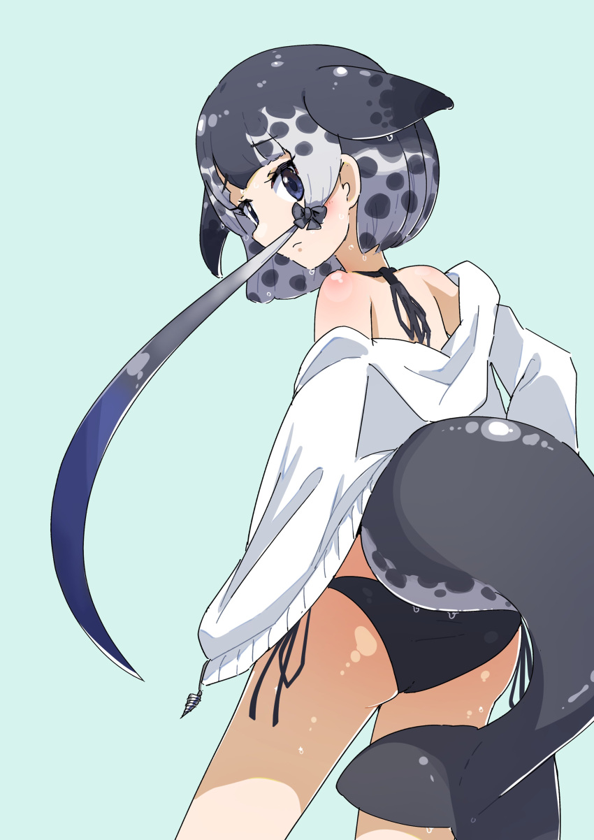 1girl absurdres alternate_costume bare_legs bare_shoulders bikini blowhole blue_eyes blush bow commentary_request cowboy_shot dolphin_girl dolphin_tail eyebrows_visible_through_hair from_behind grey_swimsuit hair_bow highres iwa_(iwafish) kemono_friends looking_at_viewer looking_back narwhal_(kemono_friends) short_hair_with_long_locks solo sweater swimsuit tail white_sweater