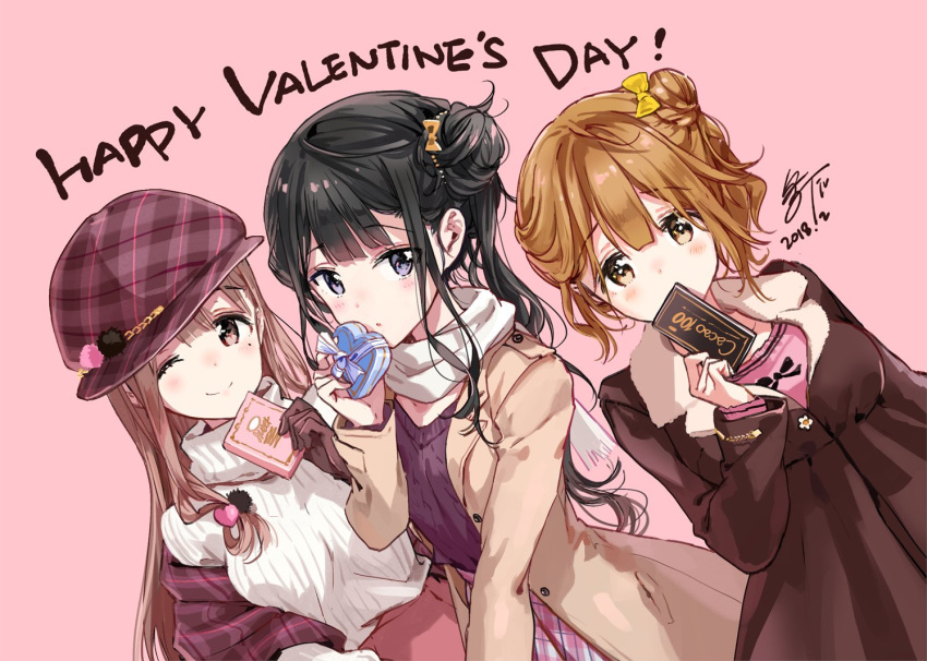 3girls ;) artist_name bangs black_collar black_hair blue_eyes blush box brown_coat brown_eyes brown_hair coat collar commentary_request dated dutch_angle english_text eyebrows_visible_through_hair gift happy_valentine heart-shaped_box holding holding_gift long_hair long_sleeves looking_at_viewer mole mole_under_eye multiple_girls off_shoulder one_eye_closed open_clothes open_coat original parted_lips pink_background pink_skirt plaid plaid_skirt pleated_skirt purple_shawl purple_sweater ribbed_sweater scarf shawl short_hair side_bun side_ponytail signature simple_background skirt smile standing sweater tiv turtleneck valentine white_scarf white_sweater