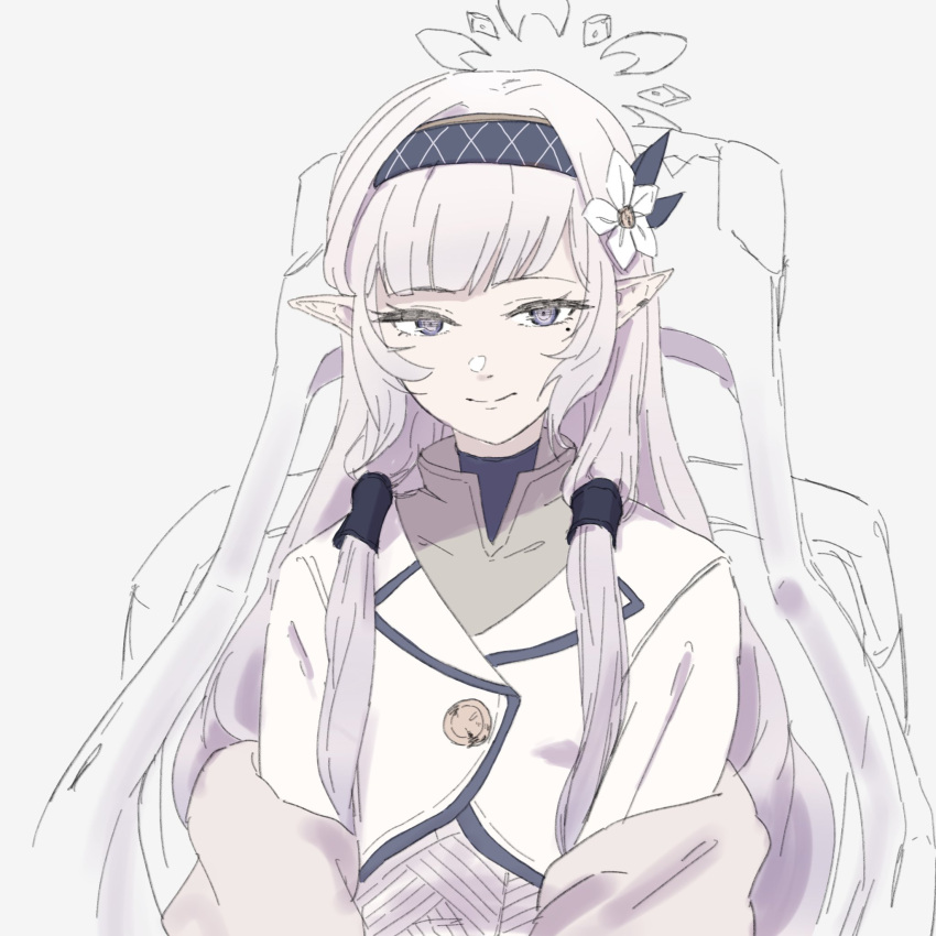 1girl bangs blue_archive flower grey_hair grey_robe hair_flower hair_ornament hair_tubes halo highres himari_(blue_archive) jacket layered_clothing long_hair long_sleeves looking_at_viewer mole mole_under_eye nabekuro off_shoulder open_clothes open_robe pointy_ears robe simple_background sitting sketch smile solo upper_body violet_eyes wheelchair white_background white_flower white_jacket