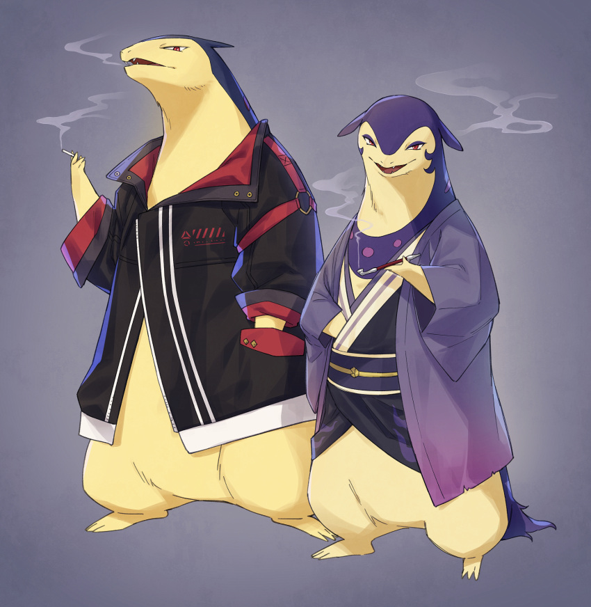 cigarette fangs g54games grey_background hand_in_pocket haori highres hisuian_typhlosion jacket japanese_clothes kimono looking_at_viewer no_humans open_mouth pipe pokemon pokemon_(creature) simple_background sleeves_rolled_up smile smoking standing typhlosion