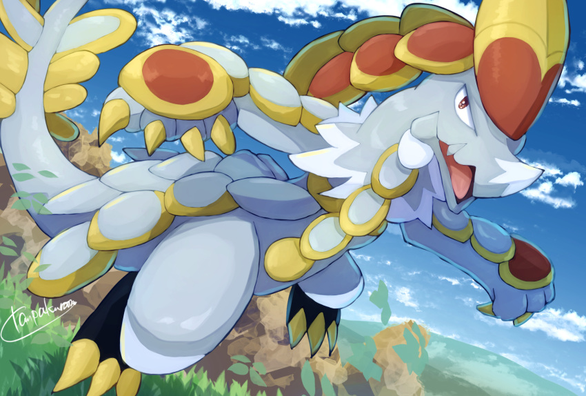 bright_pupils brown_eyes claws clouds commentary_request day grass highres kommo-o looking_at_viewer no_humans open_mouth outdoors pokemon pokemon_(creature) signature sky solo tanpakuroom tongue white_pupils