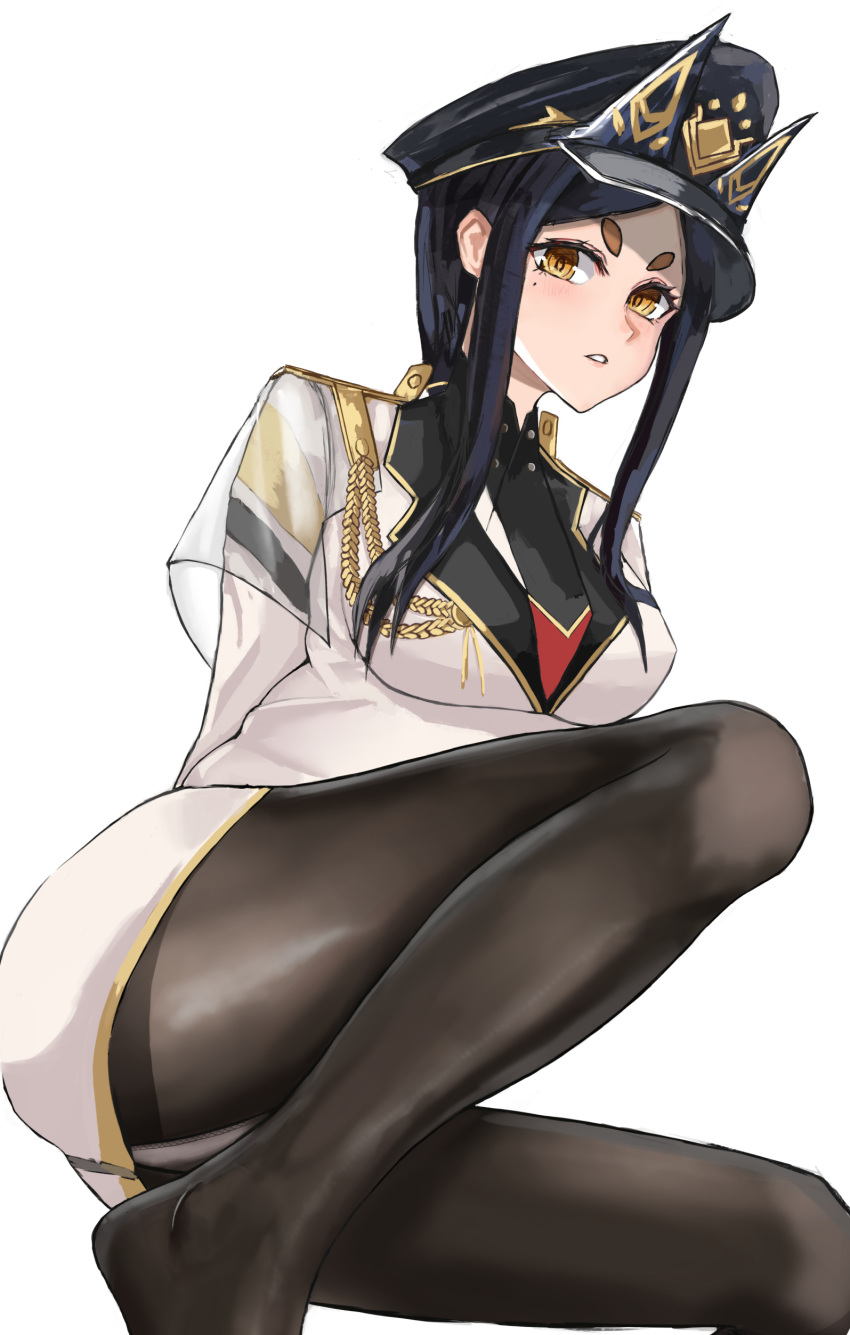 1girl absurdres arknights arm_behind_back bilei black_hair black_legwear breasts commentary_request dobermann_(arknights) forehead gold_trim hair_over_breasts hair_over_shoulder hat highres long_bangs long_hair looking_at_viewer lying mole mole_under_eye no_shoes on_side open_mouth pantyhose parted_lips pointy_nose simple_background skirt soles solo spread_legs thick_eyebrows white_background yellow_eyes