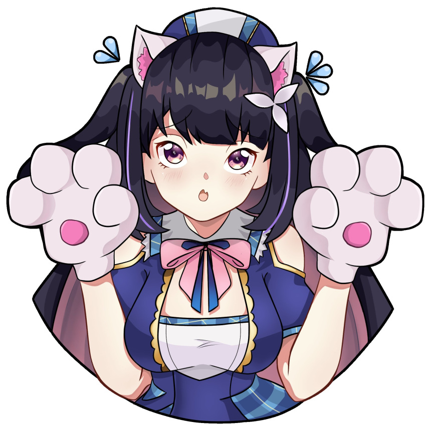 :o animal_ears animal_hands beret black_hair blue_dress blue_ribbon blush bow bowtie breasts cat_ears cat_paws cleavage_cutout clothing_cutout colored_inner_hair commentary_request dress eyebrows_visible_through_hair fake_animal_ears fang flower flying_sweatdrops geracas_art gloves gold_trim hair_flower hair_ornament hands_up hat highres hina_misora long_hair looking_at_viewer medium_breasts multicolored_hair neck_ribbon paw_gloves pink_bow pink_eyes pink_hair plaid plaid_dress ribbon shoulder_cutout skin_fang spanish_commentary streaked_hair two-tone_hair two_side_up very_long_hair virtual_youtuber wactor_production white_flower