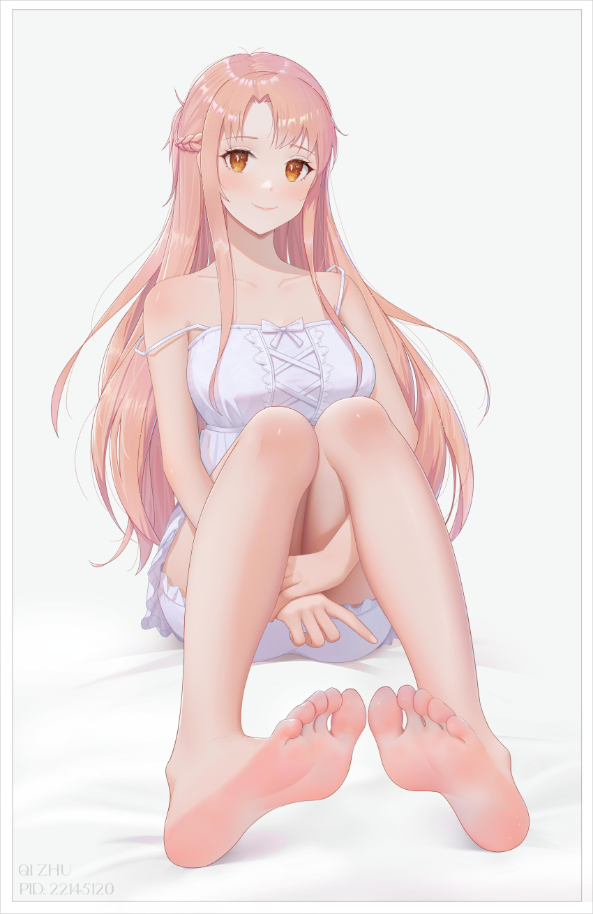 1girl absurdres artist_name asuna_(sao) bangs bare_legs bare_shoulders barefoot bed_sheet blush border braid breasts brown_eyes brown_hair closed_mouth commentary_request feet full_body highres hugging_own_legs knees_up large_breasts long_hair looking_at_viewer pajamas qizhu shirt sitting smile soles solo spaghetti_strap strap_slip sword_art_online toes very_long_hair white_background white_shirt