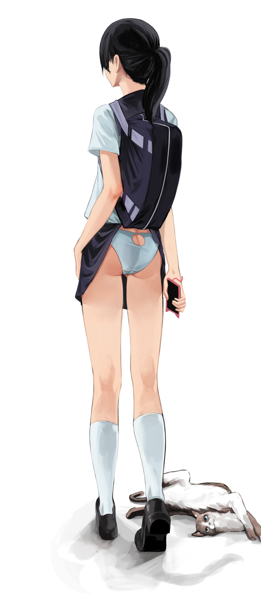 1girl absurdres backpack bag black_footwear black_hair blue_skirt cat cellphone clothes_lift doroti. facing_away from_behind full_body highres holding holding_phone kneehighs long_hair original panties phone phone_with_ears ponytail school_uniform shirt shoes short_sleeves simple_background skirt skirt_lift smartphone solo standing underwear white_background white_legwear white_panties white_shirt