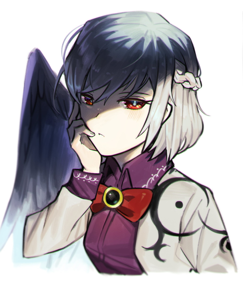 1girl bangs blush bow bowtie breasts closed_mouth collared_dress commentary_request dress eyebrows_visible_through_hair gem grey_hair grey_jacket hair_between_eyes hand_on_own_face hand_up highres jacket jewelry kishin_sagume long_sleeves looking_at_viewer medium_breasts open_clothes open_jacket purple_dress red_bow red_bowtie red_eyes short_hair simple_background single_wing solo teeth touhou tt_921780 upper_body white_background wings