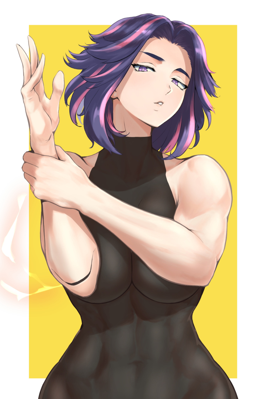 1girl abs anagumasan bare_shoulders bodysuit boku_no_hero_academia breasts collarbone curvy highres lady_nagant large_breasts looking_at_viewer multicolored_hair muscular muscular_female parted_lips pink_hair purple_hair short_hair skin_tight sleeveless solo toned violet_eyes yellow_background