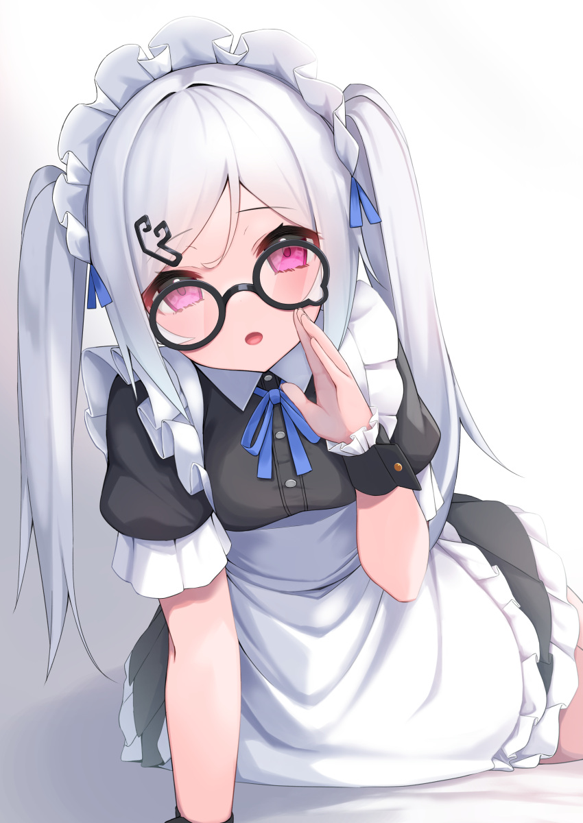1girl absurdres apron arm_support bangs bed_sheet black-framed_eyewear black_dress commentary_request dress eyebrows_visible_through_hair frilled_apron frilled_dress frills glasses hair_ornament hairclip hand_up hashiko_nowoto highres long_hair looking_at_viewer maid maid_headdress open_mouth original parted_bangs pink_eyes pleated_dress puffy_short_sleeves puffy_sleeves round_eyewear short_sleeves solo twintails very_long_hair white_apron white_background white_hair wrist_cuffs