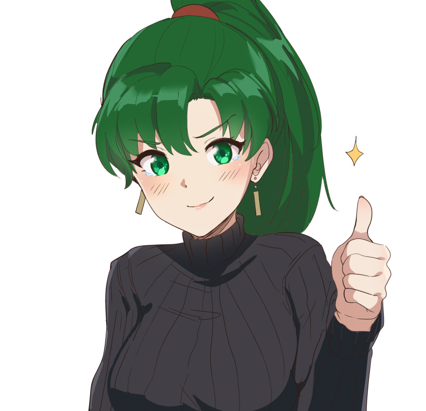 1girl bangs black_sweater earrings fire_emblem fire_emblem:_the_blazing_blade green_eyes green_hair highres jewelry looking_at_viewer lyn_(fire_emblem) ormille ponytail smile sweater tearing_up thumbs_up upper_body white_background