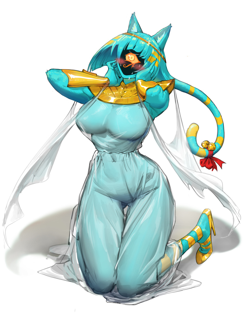 1girl animal_ear_fluff animal_ears aqua_hair armlet ass_visible_through_thighs bell blush bow breasts circlet colored_sclera covered_navel cthulhu_mythos cyclops egyptian eldritch_abomination eye_of_horus fingernails furry furry_female ghdwid gold_footwear hands_on_own_face high_heels highres kneeling knees_together_feet_apart large_breasts long_fingernails nyarlathotep one-eyed orange_sclera red_bow see-through sharp_fingernails slit_pupils solo striped sweat tail tail_bell tail_bow tail_ornament yellow_eyes yellow_footwear
