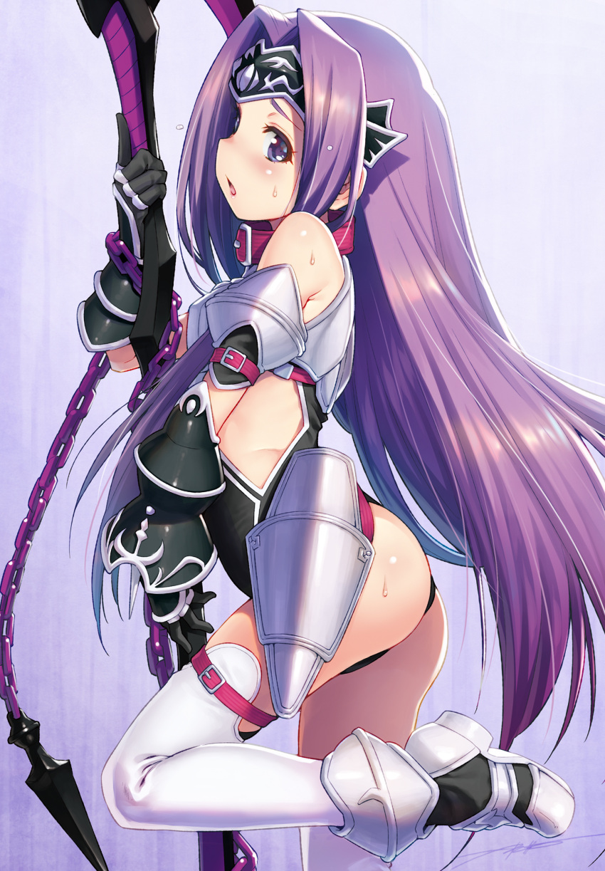 1girl ass bare_shoulders black_leotard blush cropped fate/grand_order fate/stay_night fate_(series) from_behind highres kazuma_muramasa leotard long_braid long_hair looking_at_viewer looking_back medusa_(fate) medusa_(lancer)_(fate) open_mouth purple_hair revision scythe shiny shiny_hair shiny_skin solo sweat very_long_hair violet_eyes younger