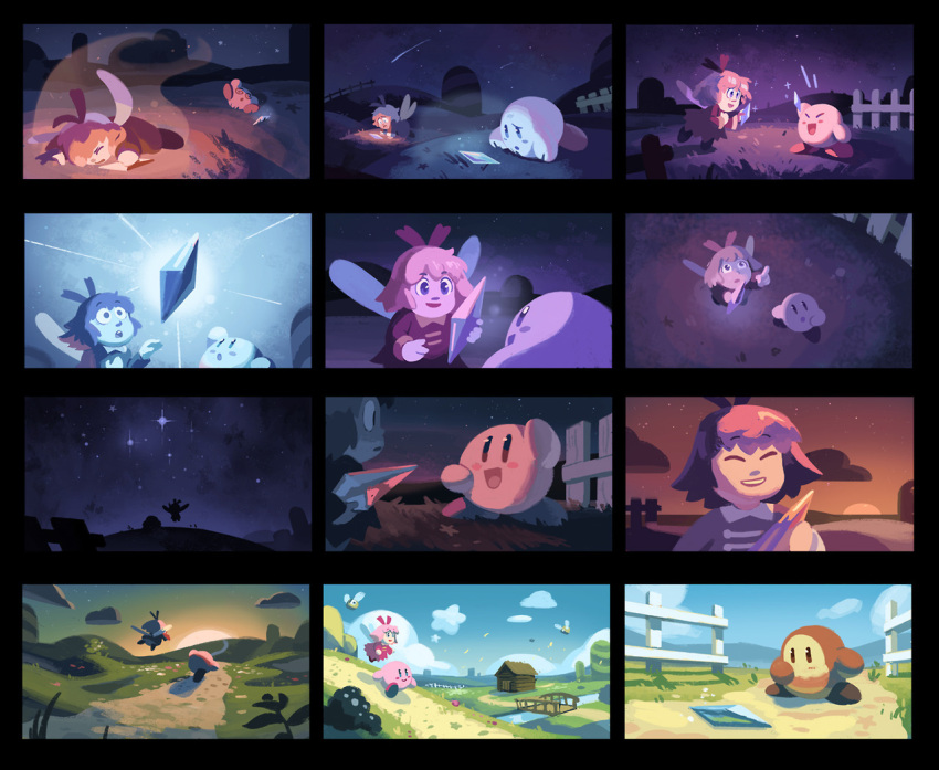 blue_sky cabin clouds crystal dress fence grass kirby kirby_(series) kirby_64 looking_at_another nathalie_fourdraine pink_hair red_dress ribbon ribbon_(kirby) road shooting_star sky smile star_(sky) starry_sky waddle_dee