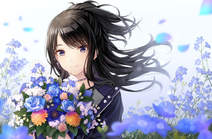 1girl absurdres black_hair black_jacket blurry blurry_foreground bouquet commentary_request earrings field flower flower_field highres idolmaster idolmaster_shiny_colors jacket jewelry kazano_hiori long_hair looking_at_viewer macha0331 mole mole_under_mouth petals ponytail solo upper_body violet_eyes white_background wind