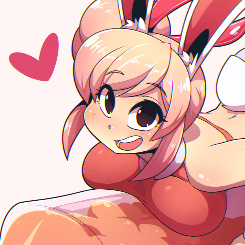 1girl animal_ears black_eyes blush borrowed_character breasts eyebrows_visible_through_hair fiz_(fizintine) highres large_breasts looking_at_viewer open_mouth original pink_hair rabbit_ears rabbit_girl rabbit_tail ryou_sakai smile solo tail teeth