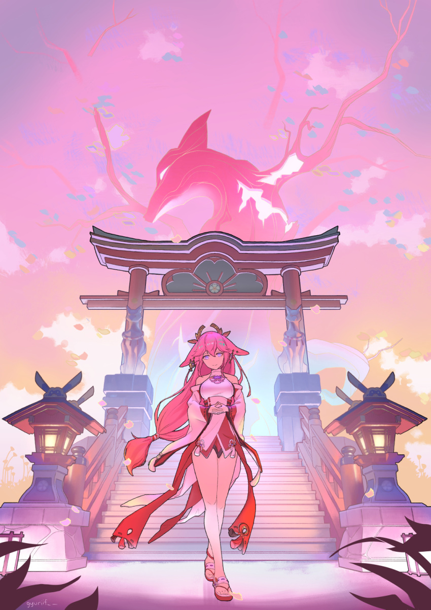 1girl bare_legs bare_shoulders breasts closed_mouth commentary detached_sleeves dress falling_petals full_body genshin_impact gyurii highres interlocked_fingers large_breasts legs long_hair looking_at_viewer low_tied_hair own_hands_together petals pink_hair pink_theme sandals signature smile solo stairs standing statue thighs tree turtleneck_dress violet_eyes white_dress yae_miko