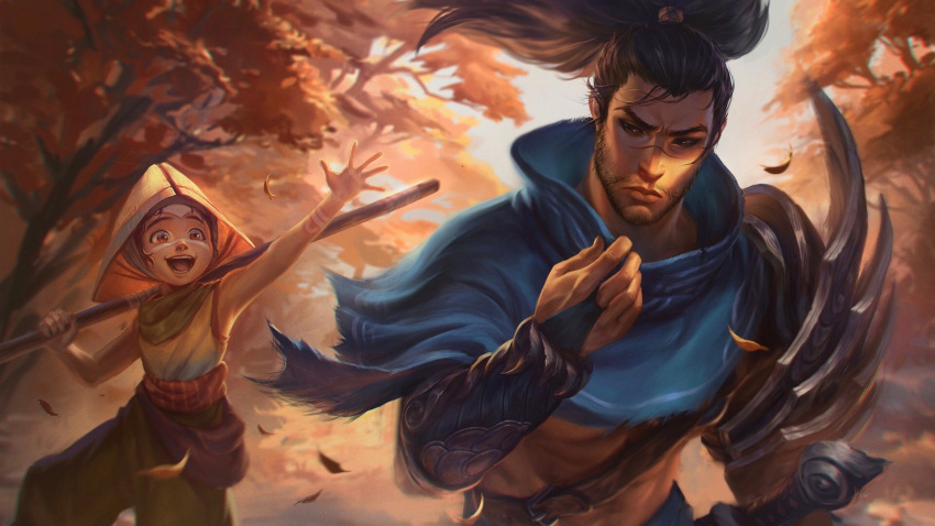 2boys :d arm_up armor bangs black_hair brown_headwear brown_pants child highres holding holding_staff league_of_legends long_hair long_sleeves male_focus multiple_boys outdoors pants ponytail shoulder_armor sleeveless smile staff stootato_(crownsforkings) teeth tongue tree weapon yasuo_(league_of_legends)