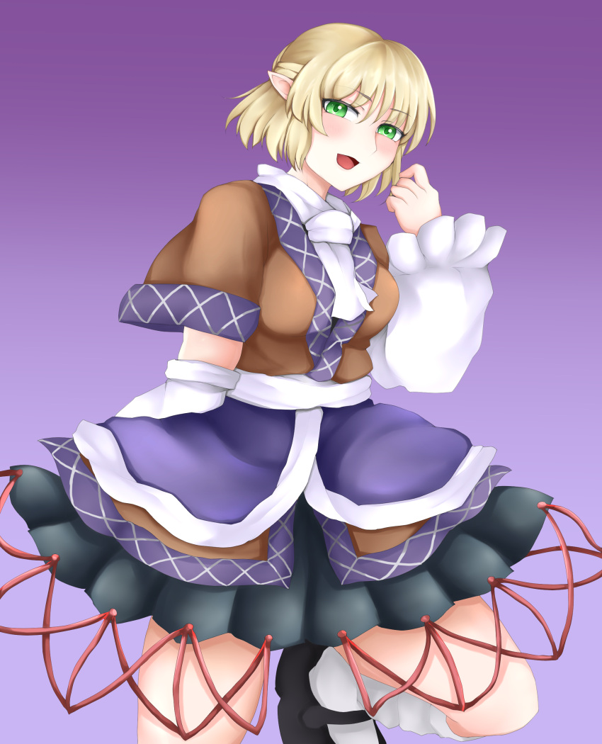 1girl absurdres bangs belt black_footwear black_skirt blonde_hair blush breasts brown_shirt commentary_request eyebrows_visible_through_hair gradient gradient_background green_eyes hair_between_eyes hand_up highres koizumo leg_up looking_at_viewer medium_breasts mizuhashi_parsee open_mouth pointy_ears purple_background purple_skirt scarf shirt shoes short_hair short_sleeves skirt smile socks solo standing standing_on_one_leg t-shirt touhou white_belt white_legwear white_scarf