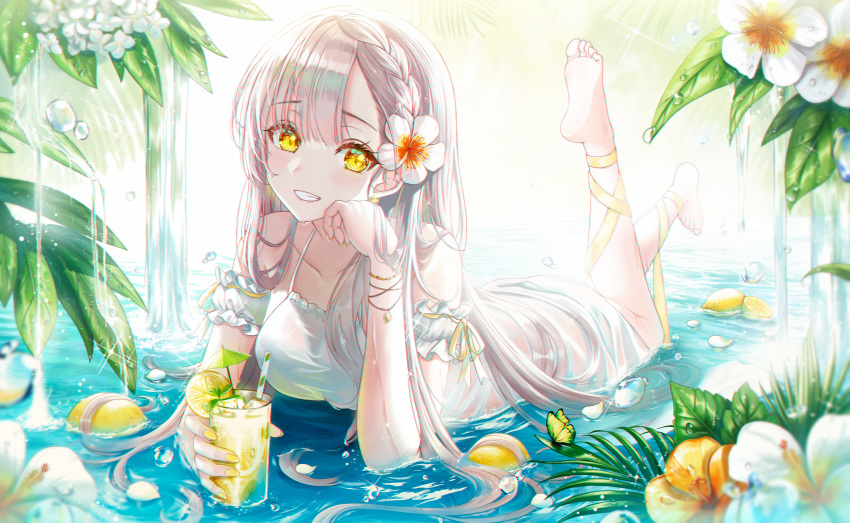 1girl absurdres bangs bare_shoulders barefoot bracelet braid breasts bug butterfly cocktail_umbrella collarbone commentary cup dress drinking_straw english_commentary feet fern flower food fruit hair_flower hair_ornament hand_on_own_cheek hand_on_own_face highres holding holding_cup jewelry large_breasts leg_up lemon lemon_slice long_hair looking_at_viewer lying on_stomach original outdoors pora_0918 ribbon silver_hair smile soles spaghetti_strap the_pose toes water water_drop wet wet_clothes white_dress yellow_eyes yellow_ribbon