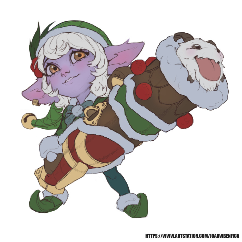 1girl absurdres bangs bow bowtie brown_eyes cannon colored_skin earnest_elf_tristana full_body fur-trimmed_headwear fur_trim green_bow green_bowtie green_footwear green_headwear green_legwear highres holding holding_weapon horns joaowbenfica league_of_legends looking_at_viewer pointy_ears poro_(league_of_legends) purple_skin simple_background smile solo tongue tongue_out tristana weapon web_address white_background yordle