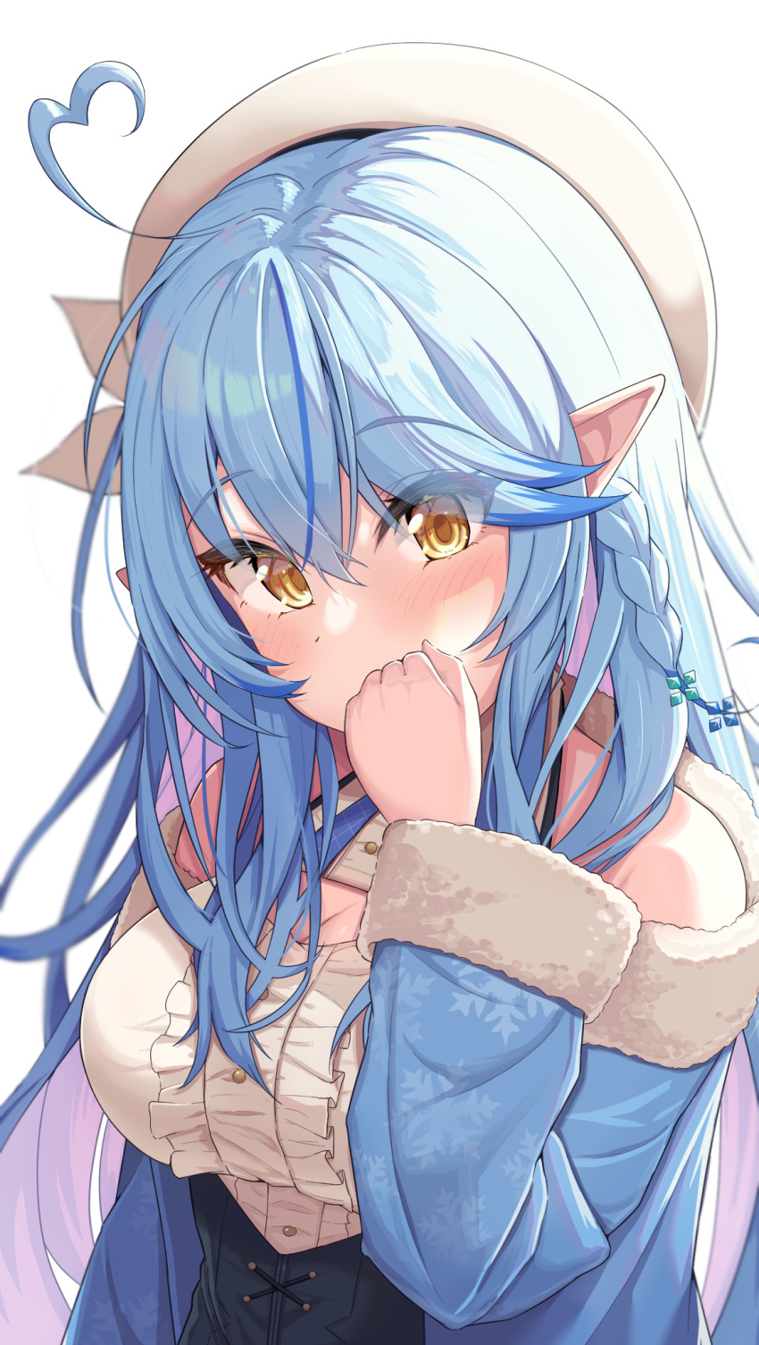1girl ahoge bangs blue_hair blue_jacket blush braid breasts corset covering_mouth elf eyebrows_visible_through_hair eyes_visible_through_hair frilled_shirt frills fur-trimmed_jacket fur_trim hair_between_eyes hat heart_ahoge highres hololive jacket large_breasts long_hair long_sleeves looking_at_viewer open_clothes open_jacket pointy_ears shirt simple_background snowflakes solo suicabar72 virtual_youtuber white_background white_headwear white_shirt yukihana_lamy