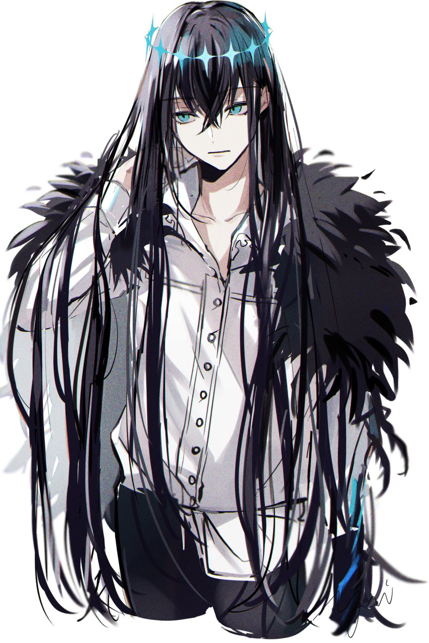 1boy alternate_hairstyle arthropod_boy bangs blue_eyes bug cape crown diamond_hairband fate/grand_order fate_(series) feet_out_of_frame fur-trimmed_cape fur_trim grey_hair highres long_hair long_sleeves looking_to_the_side male_focus oberon_(fate) shirt simple_background solo white_background white_shirt wings yui_(linaw-key08)