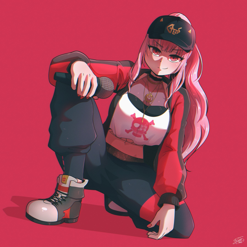 1girl baseball_cap black_footwear black_headwear black_pants blush closed_mouth collarbone crop_top eyebrows_visible_through_hair hat highres holding holding_microphone hololive hololive_english long_hair long_sleeves looking_at_viewer microphone mori_calliope navel pants pink_eyes pink_hair ponytail red_background red_nails ryou_sakai shoes simple_background smile sneakers solo virtual_youtuber