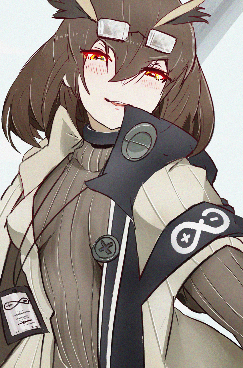 1girl 8_ni absurdres arknights armband blush brown_hair brown_sweater buttons choker eyewear_on_head feather_hair glasses grey_background grin hair_between_eyes half-closed_eyes highres id_card jacket long_sleeves looking_at_viewer medium_hair open_clothes open_jacket owl_ears parted_lips photo-referenced rectangular_eyewear red_eyes rhine_lab_logo ribbed_sweater silence_(arknights) smile solo sweater turtleneck turtleneck_sweater upper_body white_jacket yandere