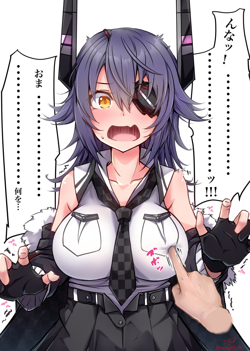 1girl absurdres baileys_(tranquillity650) black_gloves breast_pocket breast_poke breasts checkered_necktie collared_shirt eyepatch fang gloves headgear highres kantai_collection large_breasts necktie open_mouth partially_fingerless_gloves pocket poking purple_hair shirt short_hair skin_fang sleeveless sleeveless_shirt solo_focus speech_bubble tenryuu_(kancolle) tenryuu_kai_ni_(kancolle) translation_request upper_body white_shirt yellow_eyes