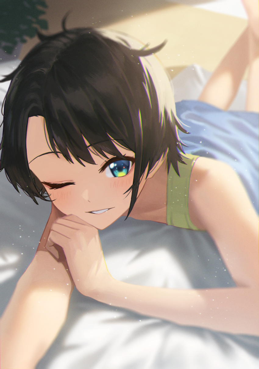 1girl absurdres alternate_costume bangs bed_sheet black_hair blue_eyes blurry casual commentary depth_of_field eyebrows_visible_through_hair feet_out_of_frame feet_up hara_kenshi highres hololive light_particles looking_at_viewer lying messy_hair morning on_bed on_stomach one_eye_closed oozora_subaru parted_bangs parted_lips short_hair sleeveless smile solo sunlight virtual_youtuber
