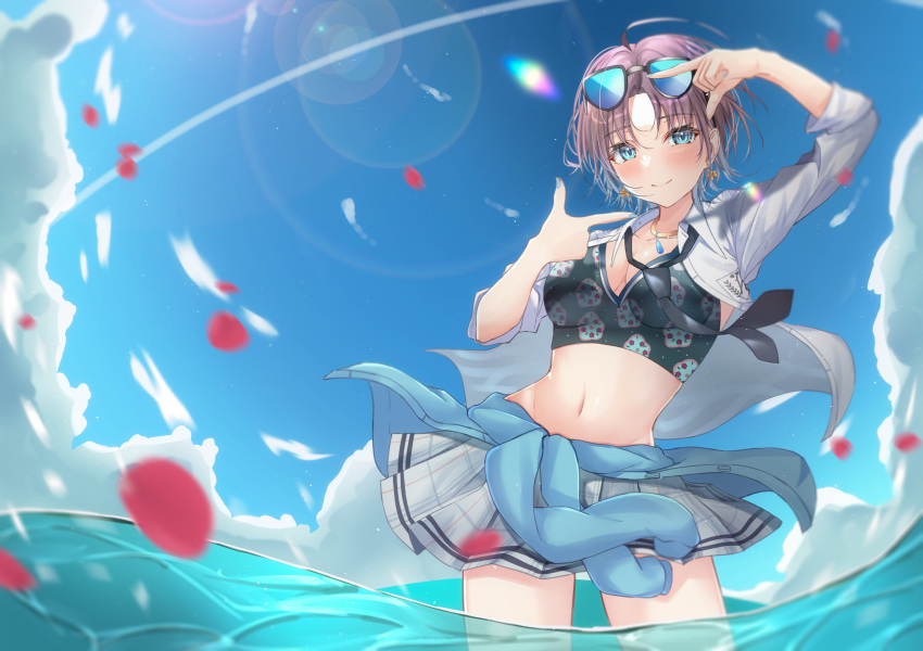 1girl absurdres ahoge asakura_tooru bikini bikini_top_only black_necktie black_neckwear blue_hair blue_nails blue_sky brown_hair clothes_around_waist clouds commentary_request day earrings eyewear_on_head gradient_hair grey_skirt highres idolmaster idolmaster_shiny_colors jacket jacket_around_waist jewelry lens_flare looking_at_viewer loose_necktie miniskirt multicolored_hair nail_polish navel necklace necktie ocean open_clothes open_shirt outdoors plaid plaid_skirt pleated_skirt school_uniform shirt short_hair skirt sky solo sunglasses swimsuit wading white_shirt yzk_knmn