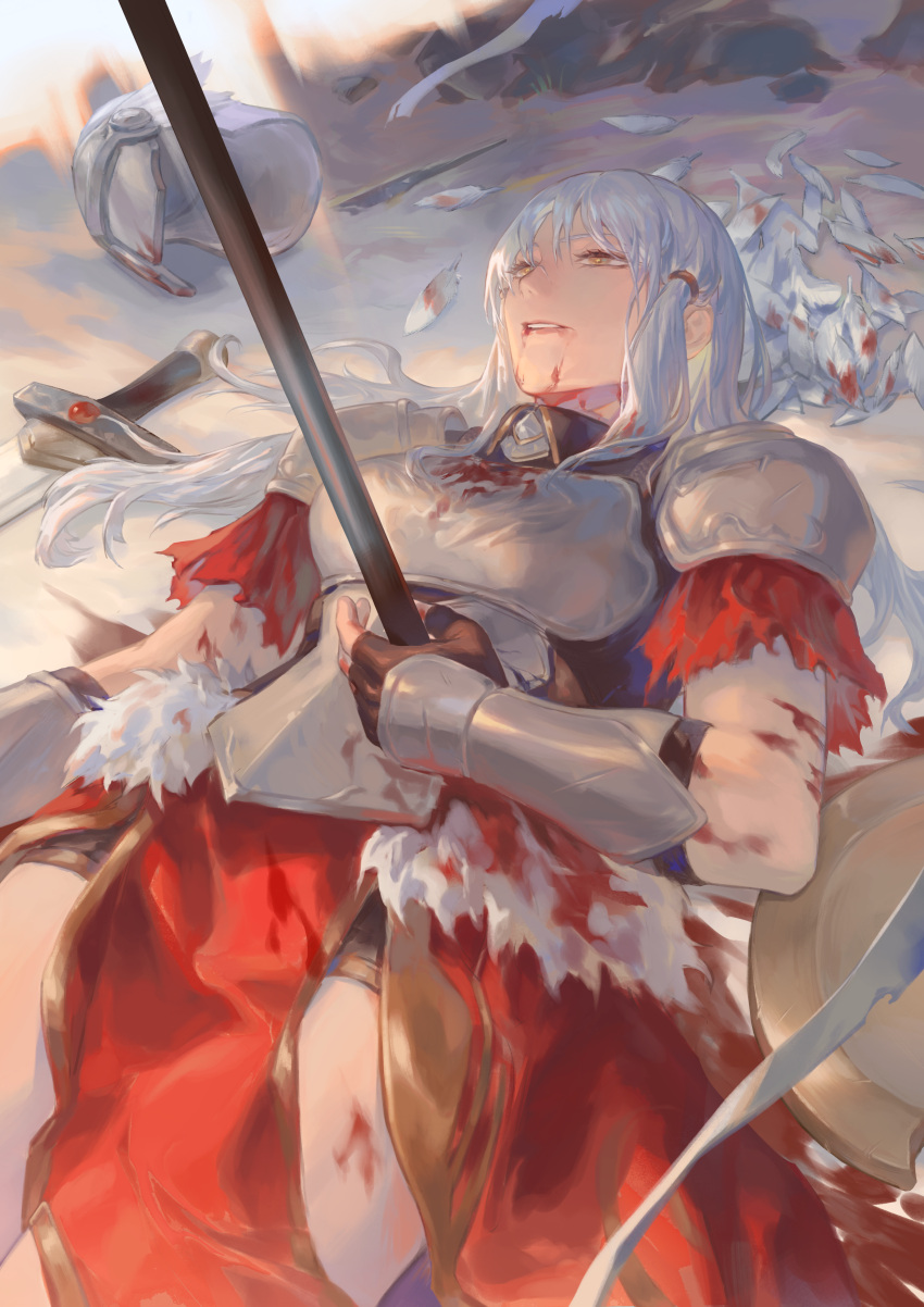 1girl absurdres armor bangs bleeding blood blood_in_hair blood_on_arm blood_on_clothes blood_on_face blood_on_hands blunt_bangs chinese_commentary commentary deep_wound fate/grand_order fate_(series) feathers gloves herunoe highres injury long_hair looking_to_the_side penthesilea_(fate) polearm shield solo spear sword weapon white_feathers white_hair yellow_eyes