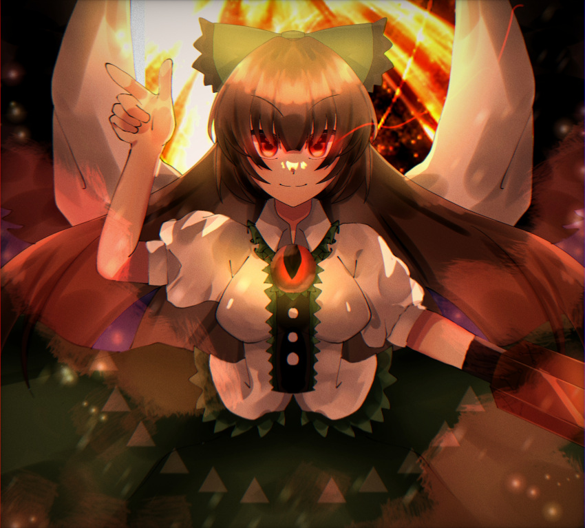 1girl arm_cannon bangs bird_wings black_wings blouse bow breasts brown_hair buttons cape center_frills closed_mouth commentary_request control_rod eyebrows_visible_through_hair frilled_bow frills glowing glowing_eyes green_bow green_skirt hair_bow happy highres long_hair medium_breasts pointing puffy_short_sleeves puffy_sleeves red_eyes reiuji_utsuho shirt short_sleeves skirt smile third_eye touhou v-shaped_eyebrows very_long_hair weapon white_shirt wings yuuki_(yuk)