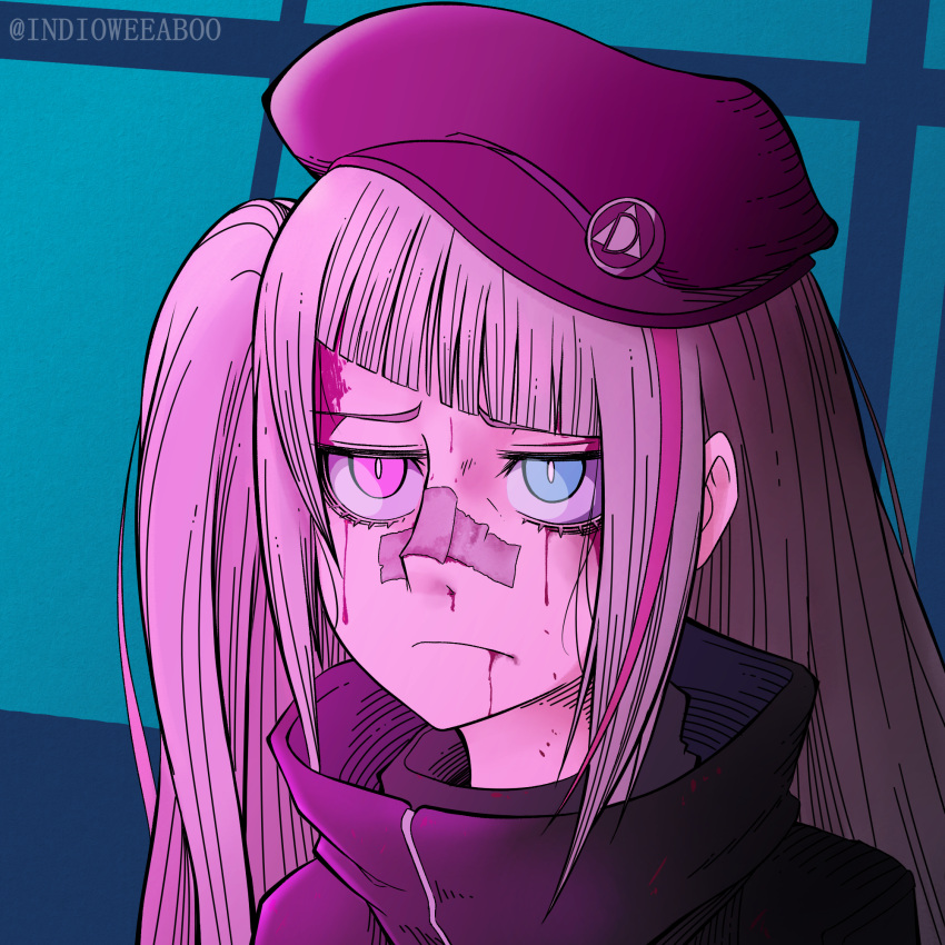 1girl bandaid bandaid_on_nose beret black_headwear black_jacket blade_runner_2049 blood blood_on_face blue_eyes girls_frontline hat heterochromia highres indio_weeaboo jacket mdr_(girls'_frontline) multicolored_hair parody pink_eyes side_ponytail streaked_hair white_hair