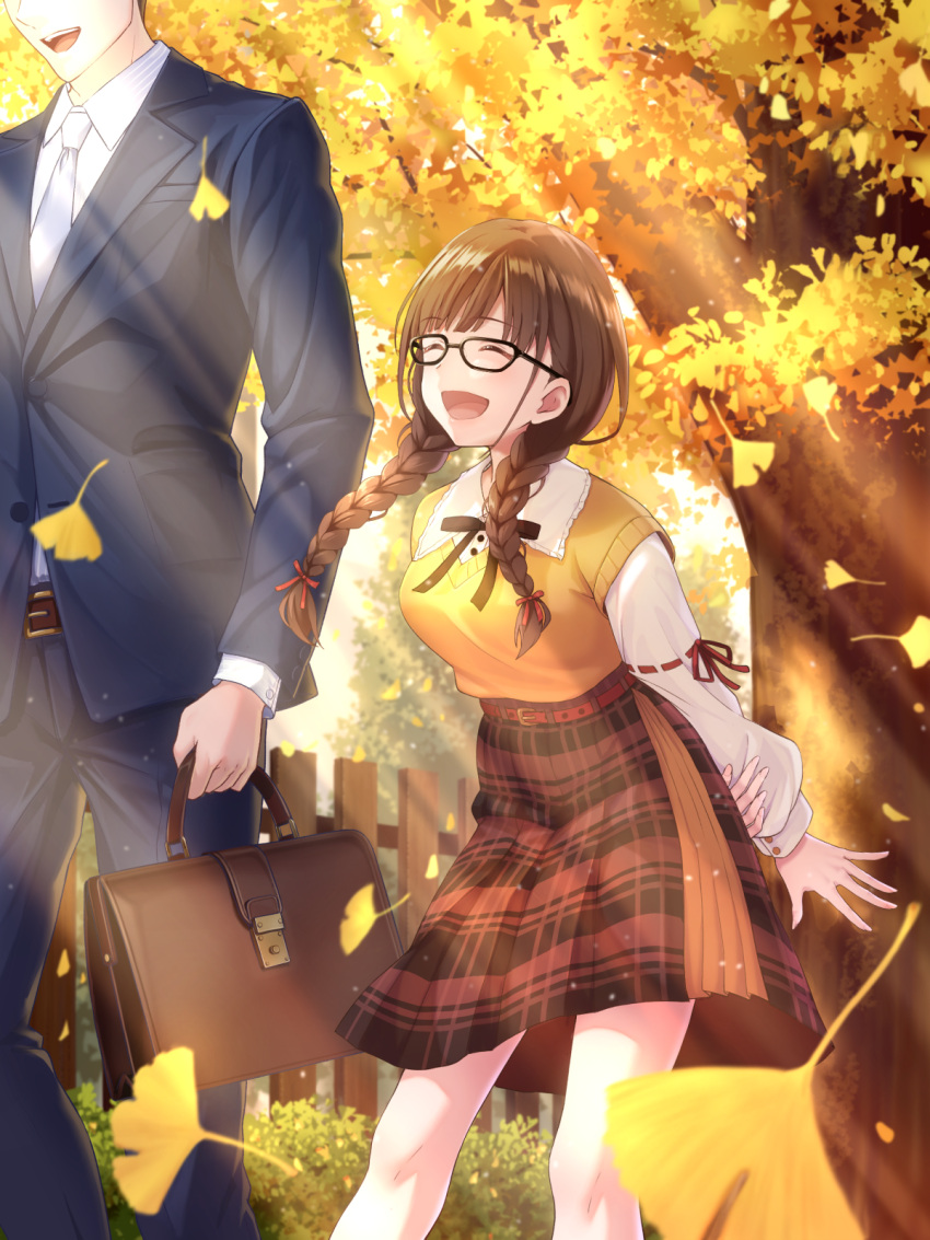 1boy 1girl autumn autumn_leaves bag bangs belt braid brown_hair brown_skirt business_suit closed_eyes commentary_request day falling_leaves formal ginkgo_leaf glasses hair_ribbon highres idolmaster idolmaster_shiny_colors leaf low_twin_braids macha0331 neck_ribbon necktie open_mouth outdoors plaid plaid_skirt producer_(idolmaster) ribbon shirt skirt sonoda_chiyoko suit sweater_vest twin_braids white_shirt