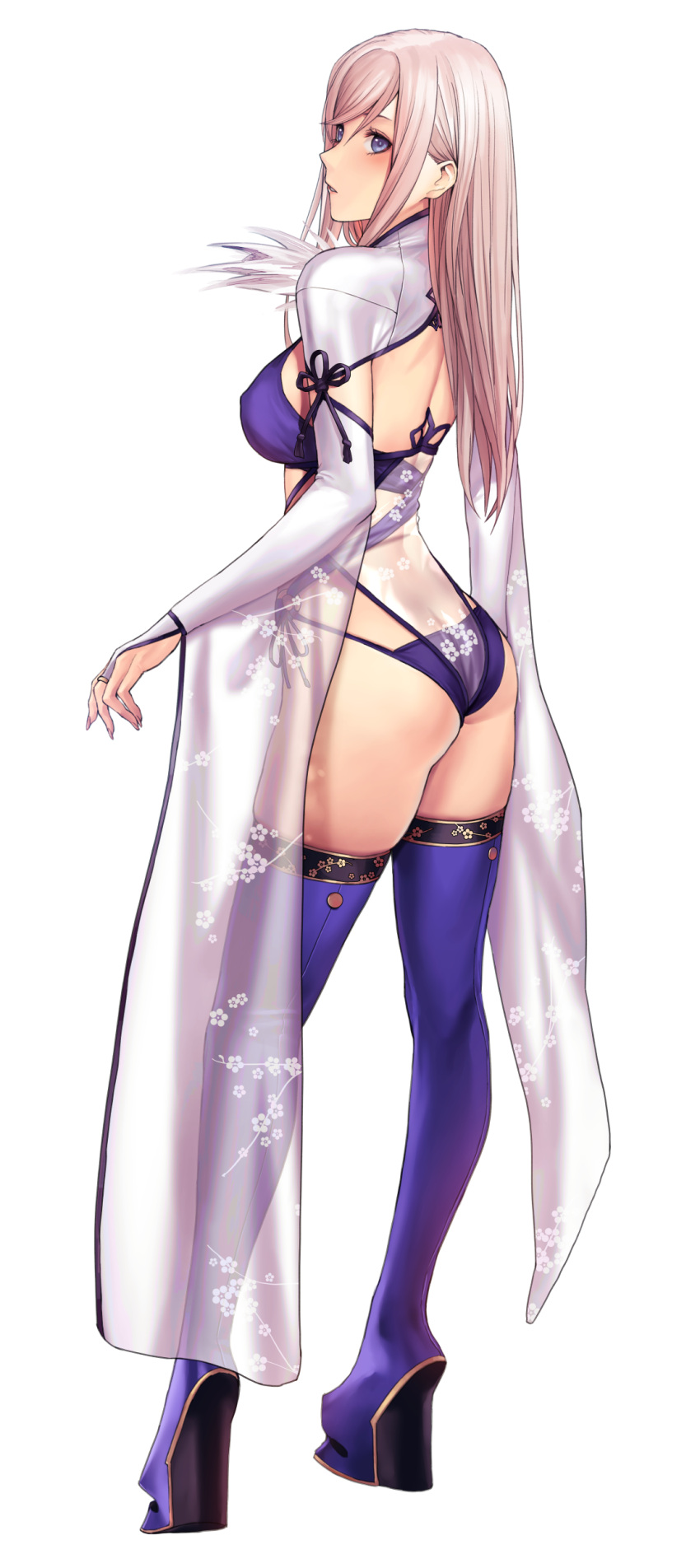 1girl absurdres alternate_costume applekun ass bangs blue_eyes blush boots breasts bridal_gauntlets commentary fate/grand_order fate_(series) feather_trim fingernails floral_print from_behind full_body gold_trim highleg highleg_swimsuit highres long_hair medium_breasts miyamoto_musashi_(fate) miyamoto_musashi_(swimsuit_berserker)_(fate) parted_lips see-through simple_background standing swimsuit thigh-highs thigh_boots thighs wide_sleeves