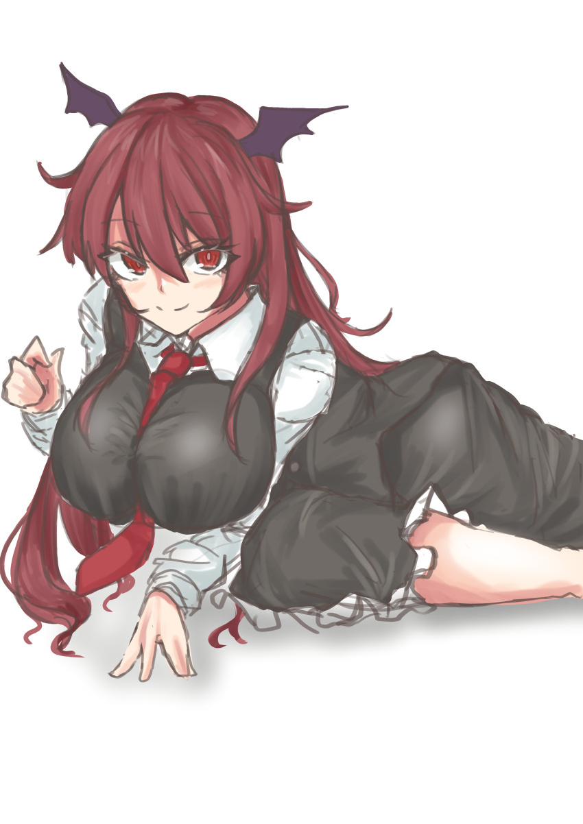 1girl absurdres arm_support bangs between_breasts black_skirt black_vest breasts bright_pupils closed_mouth eyebrows_visible_through_hair feet_out_of_frame hair_between_eyes head_wings highres koakuma kuraki large_breasts long_hair long_sleeves looking_at_viewer lying necktie necktie_between_breasts on_side petticoat red_eyes red_necktie redhead shadow shirt simple_background skirt smile solo touhou very_long_hair vest white_background white_shirt wing_collar