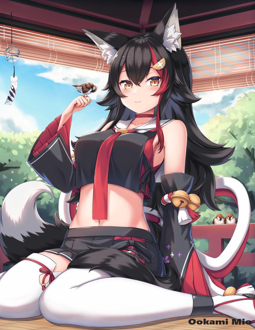 1girl absurdres animal_ear_fluff animal_ears bird bird_on_hand black_hair black_skirt breasts choker closed_mouth commentary_request crop_top detached_sleeves hair_ornament hairclip highres hololive large_breasts long_hair looking_at_viewer midriff miniskirt multicolored_hair navel necktie ookami_mio pleated_skirt red_choker red_necktie redhead shirt sitting skirt sleeveless sleeveless_shirt sparrow stomach streaked_hair tail thigh-highs tousaki_(tousakiworks) very_long_hair virtual_youtuber wariza white_legwear wolf_ears wolf_girl wolf_tail yellow_eyes