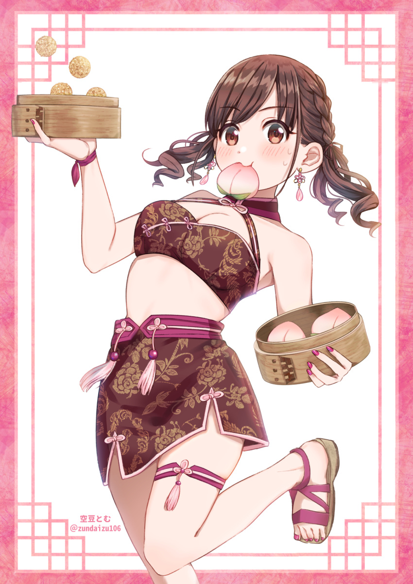 1girl bangs bare_shoulders bikini bikini_top_only braid breasts brown_eyes brown_hair commentary_request earrings floral_print food food_in_mouth framed halterneck highres idolmaster idolmaster_shiny_colors jewelry long_hair looking_at_viewer miniskirt nail_polish purple_nails sandals skindentation skirt solo sonoda_chiyoko soramame_tomu swimsuit thigh_strap toenail_polish toenails twintails white_background