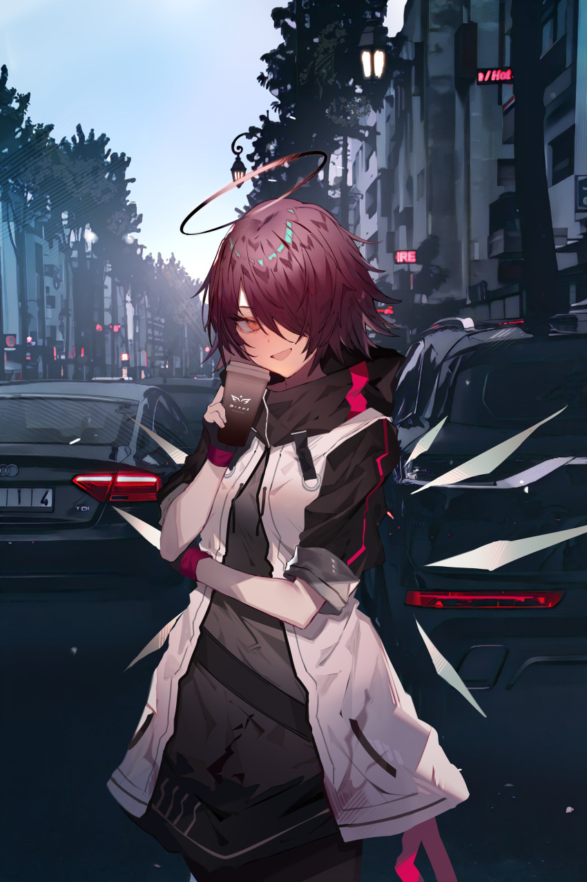 1girl absurdres angel angel_wings arknights arm_across_waist audi bangs black_gloves black_legwear building car city_lights cityscape coffee_cup commentary cowboy_shot cup detached_wings disposable_cup energy_wings exusiai_(arknights) fingerless_gloves gloves grey_shirt ground_vehicle hair_over_one_eye halo head_tilt highres holding holding_cup hood hooded_jacket jacket lamppost light_blush long_hair looking_at_viewer messy_hair motor_vehicle neon_lights open_clothes open_jacket open_mouth orange_eyes outdoors oversized_clothes pantyhose red_theme redhead road road_sign shirt short_hair short_sleeves sign smile solo soukou_makura street symbol-only_commentary tree white_jacket wings