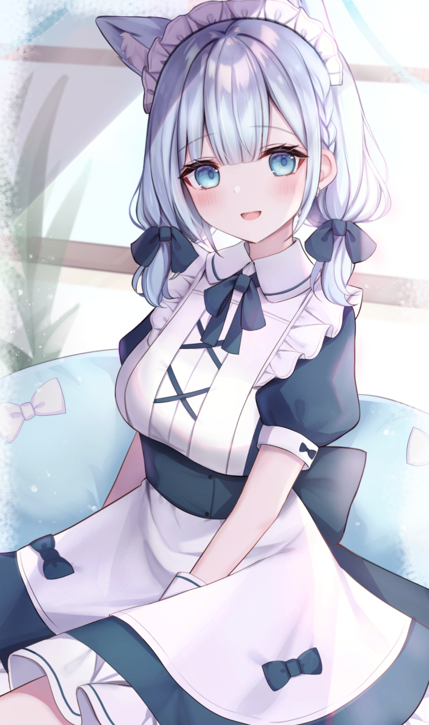 1girl :d animal_ear_fluff animal_ears bangs black_bow blue_eyes blunt_bangs bow breasts cat_ears commission eyebrows_visible_through_hair grey_hair hair_bow highres indoors komari_mhy looking_at_viewer low_twintails maid maid_headdress open_mouth original pink_bow plant puffy_short_sleeves puffy_sleeves short_hair short_sleeves sitting skeb_commission smile solo twintails
