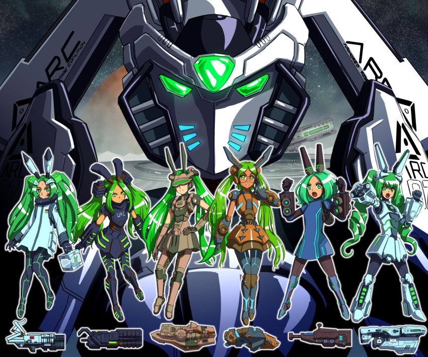 6+girls :o bfg_9000_(personification) clenched_hands commentary dark-skinned_female dark_skin doom_(series) doom_3 doom_64 doom_eternal drill_hair energy_gun english_commentary giant giantess glasses green_eyes green_hair gun highres long_hair looking_at_viewer mecha_musume mechanical_arms mechanical_legs multiple_girls personification quake quake_3_arena round_eyewear substance20 twintails very_long_hair visor weapon