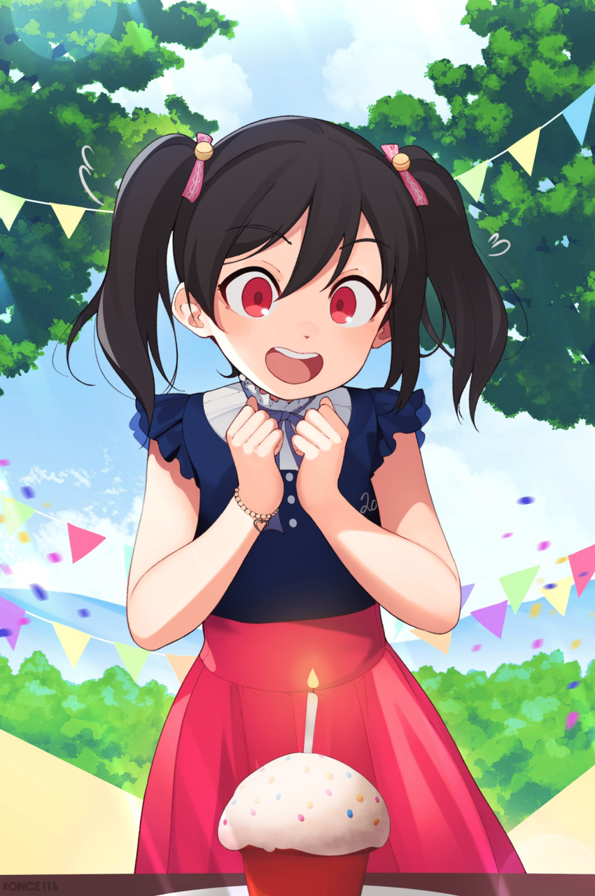 1girl absurdres black_hair blush bracelet candle commission confetti cupcake day eyebrows_visible_through_hair food highres jewelry looking_at_viewer love_live! love_live!_school_idol_project once_11h open_mouth outdoors pink_skirt red_eyes short_hair short_twintails skirt smile solo teeth twintails upper_teeth yazawa_nico