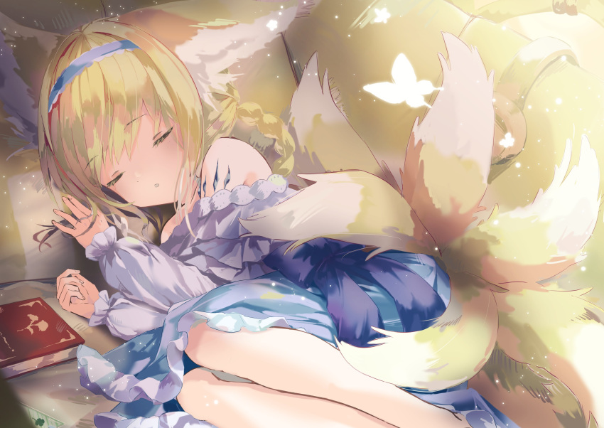 1girl absurdres animal_ears arknights bangs blonde_hair blue_dress blue_headwear book braid bug butterfly child closed_eyes commentary_request couch cy_fros dress eyebrows_visible_through_hair fetal_position fox_ears fox_girl fox_tail hand_in_hair headband headphones highres legs_folded light_particles light_rays long_sleeves lying off-shoulder_dress off_shoulder on_couch oripathy_lesion_(arknights) parted_lips sidelocks sleeping solo suzuran_(arknights) tail