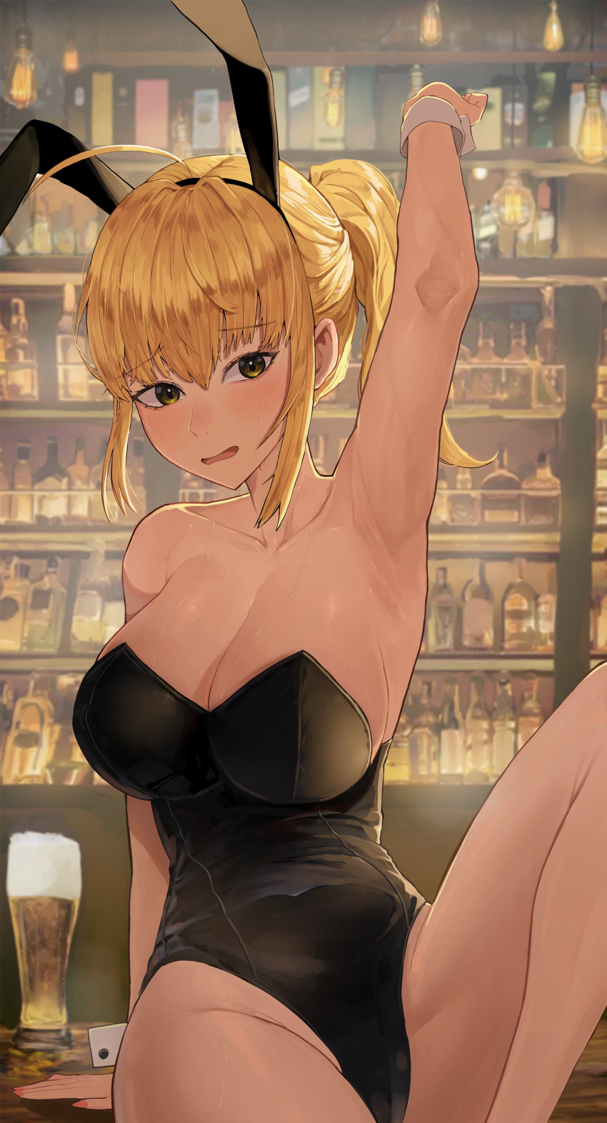 1girl absurdres alcohol animal_ears arm_support armpits bangs bar bare_shoulders beer black_leotard blonde_hair blush breasts counter embarrassed eungi eyebrows_visible_through_hair fake_animal_ears feet_out_of_frame hair_between_eyes highres large_breasts leg_up leotard liquor looking_at_viewer open_mouth original outstretched_arm playboy_bunny ponytail rabbit_ears sidelocks sitting solo strapless strapless_leotard sweat sweatdrop wrist_cuffs yellow_eyes