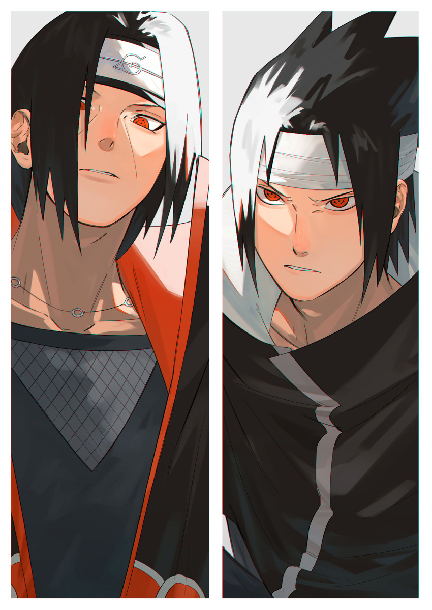 2boys black_hair brothers commentary_request forehead_protector highres looking_at_another male_focus mirin_(coene65) multiple_boys naruto_(series) naruto_shippuuden older redhead short_hair siblings simple_background spiky_hair teeth uchiha_itachi uchiha_sasuke