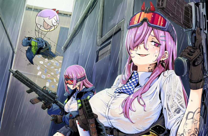 2girls ascot assault_rifle black_gloves blue_jacket breasts card checkered_ascot checkered_clothes checkered_neckwear dual_persona earrings eyewear_on_head girls_frontline gloves gun hair_ornament hair_over_one_eye hairclip heart heart_earrings highres holding holding_gun holding_weapon jacket jacket_removed jewelry large_breasts long_hair looking_at_viewer multiple_girls neck_tattoo pink_eyes pink_hair rifle safety_glasses see-through shirt sig_mcx_(girls'_frontline) sig_sauer_mcx tarutaru_gungun tattoo trigger_discipline weapon wet wet_clothes wet_shirt