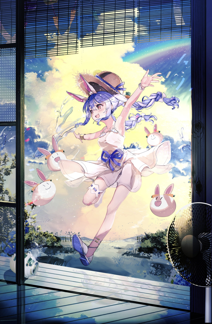 1girl :d animal_ear_fluff animal_ears anklet bangs bare_arms blue_hair blue_ribbon blush bow bracelet braid breasts brown_headwear carrot_hair_ornament clouds cloudy_sky commentary_request day dress electric_fan food-themed_hair_ornament full_body hair_between_eyes hair_bow hair_ornament haruhina_purple hat hat_ribbon highres hololive jewelry jumping leg_garter long_hair medium_breasts nousagi_(usada_pekora) outstretched_arms rabbit_ears rainbow red_eyes ribbon shoes short_eyebrows sky sleeveless sleeveless_dress smile solo spread_arms straw_hat thick_eyebrows twin_braids twintails usada_pekora virtual_youtuber white_bow white_dress white_footwear